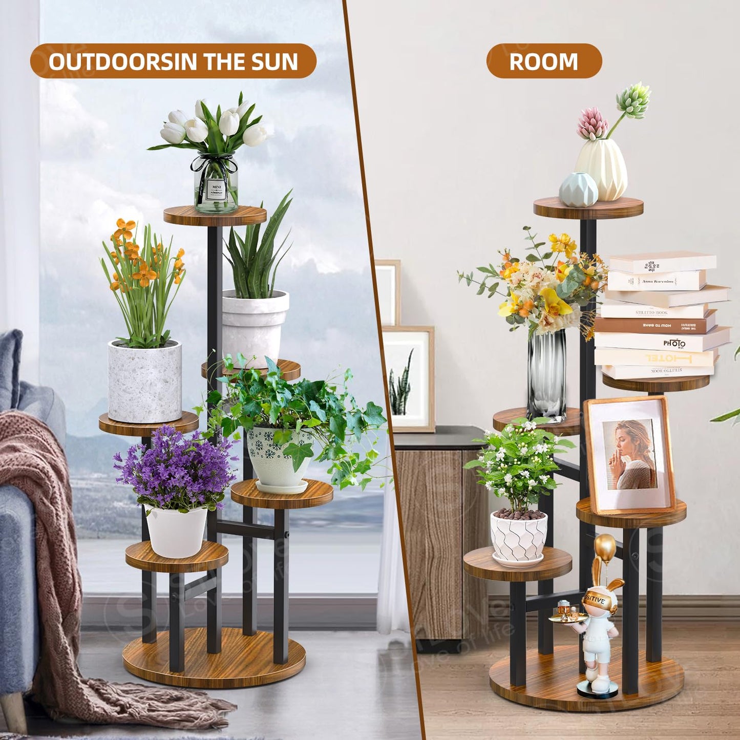 STLOVe plant stand wooden flower stand 6-tier flower rack plant rack corner metal indoor outdoor for multiple plants living room corner outdoor balcony garden, black