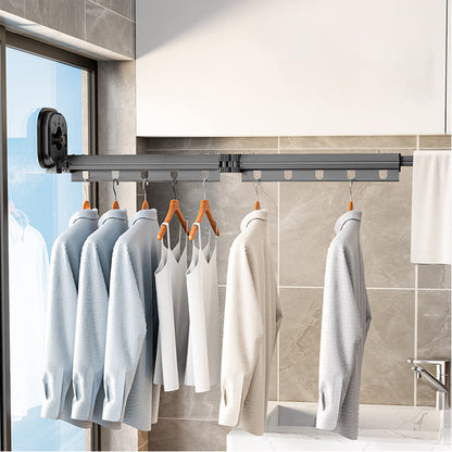 Clothes Drying Rack, Retractable Wall Mounted Cloth Hanger with Suction Cup, Foldable Collapsible Clothes Rod with Hooks & Towel Holder Balcony, Laundry, Bathroom, Bedroom (Dark Grey 2-way)