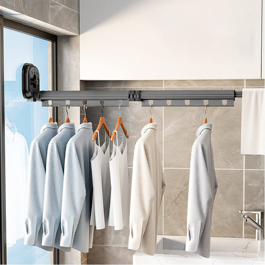 Clothes Drying Rack, Retractable Wall Mounted Cloth Hanger with Suction Cup, Foldable Collapsible Clothes Rod with Hooks & Towel Holder Balcony, Laundry, Bathroom, Bedroom (Dark Grey 2-way)