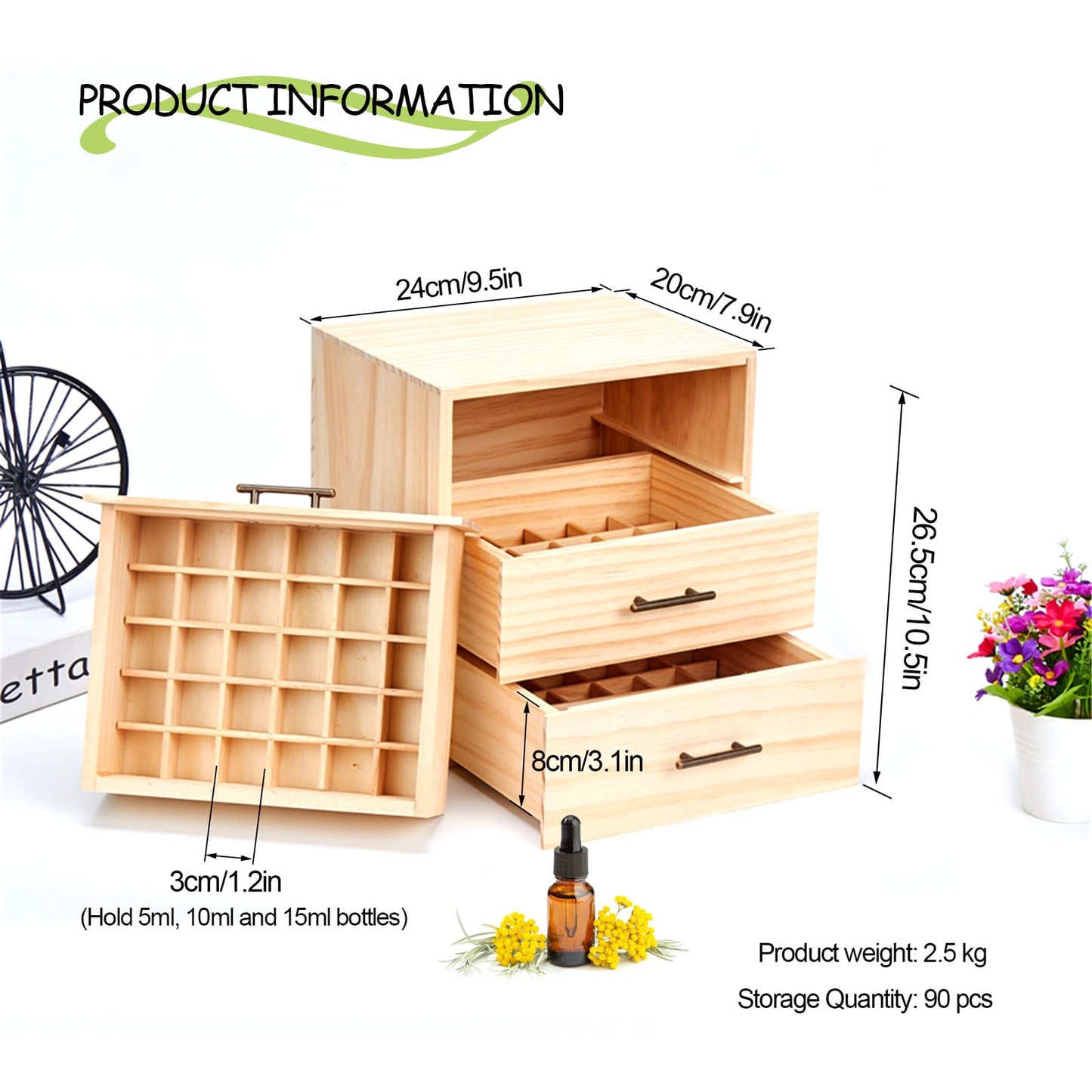 Rose Flower Bamboo Essential Oil Organizer Container Fragrance Oils Display Stand, 90 Holes Storage Boxes Air Fresheners Accessories Case for nail polish, fragrance oils, cosmetics, oil diffusers, and lipstick.