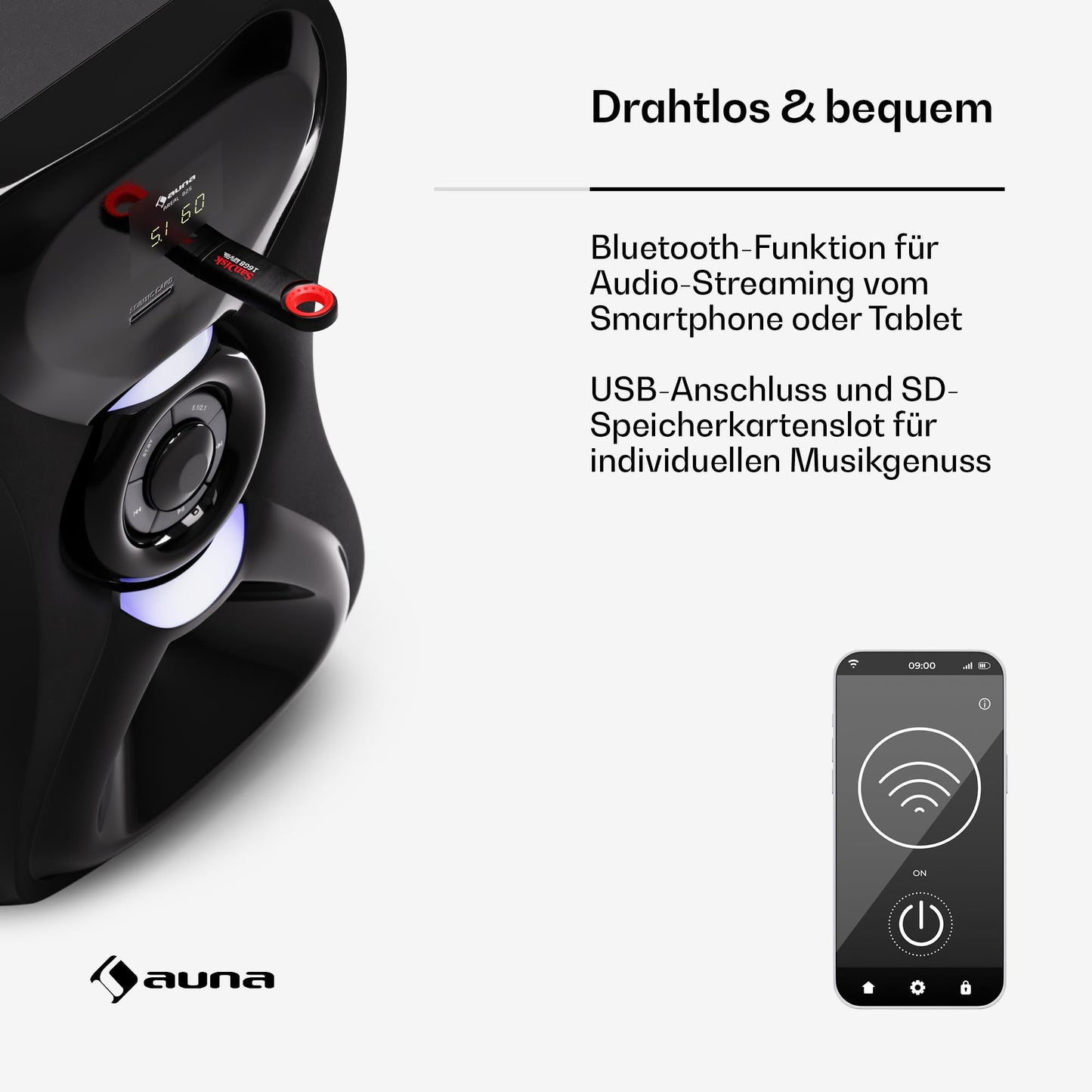auna Areal 825 5.1 wireless sound system with Bluetooth, 100W subwoofer, and RGB lighting - USB/SD ports, AUX and optical input, home theater speakers with remote control.