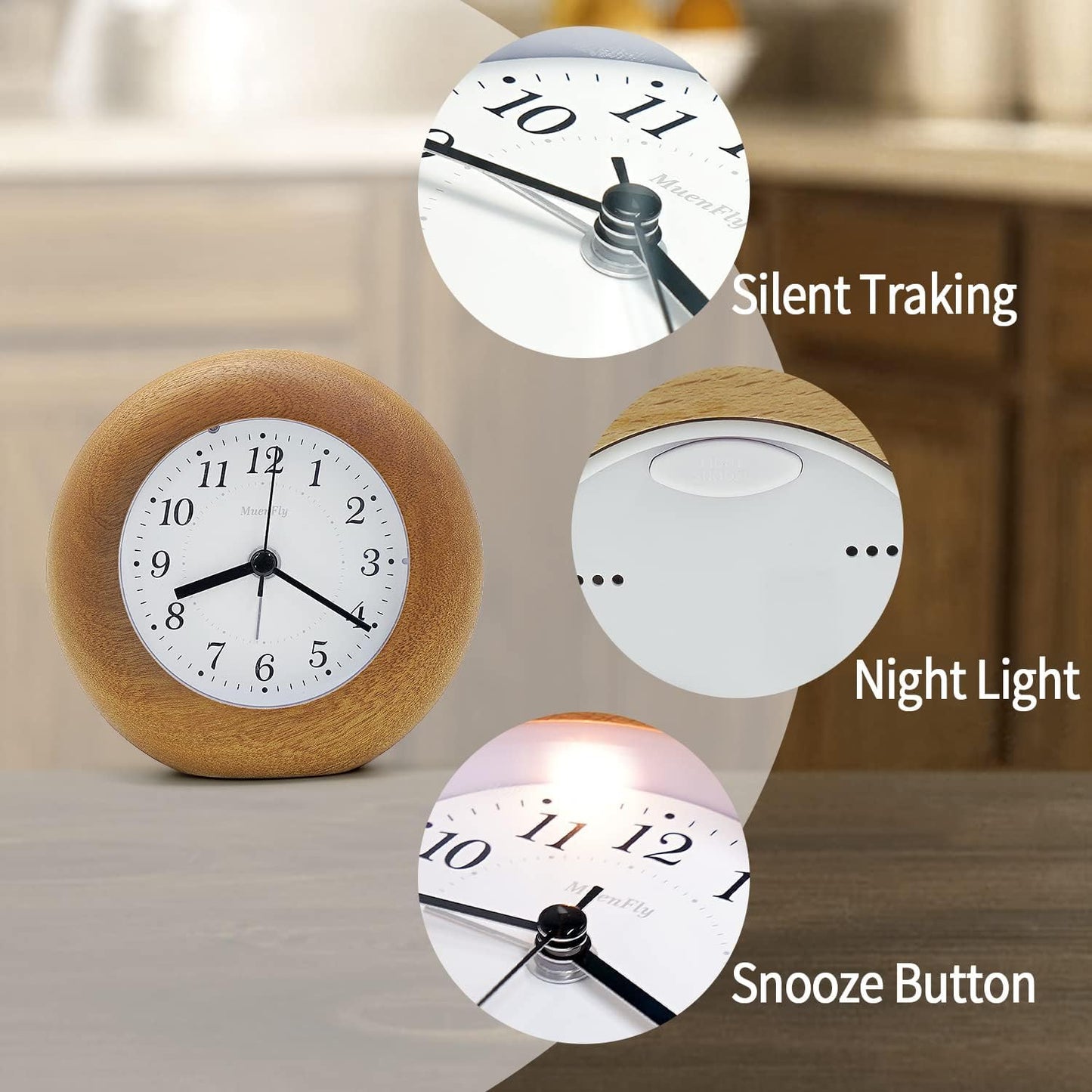 Analog alarm clock without ticking, wooden alarm clock with snooze, retro table clock battery-operated with night light for bedroom, study, office, children's room - Sapele [1 x AA battery required]