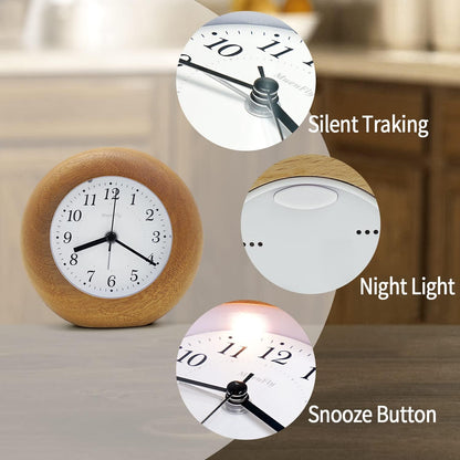 Analog alarm clock without ticking, wooden alarm clock with snooze, retro table clock battery-operated with night light for bedroom, study, office, children's room - Sapele [1 x AA battery required]