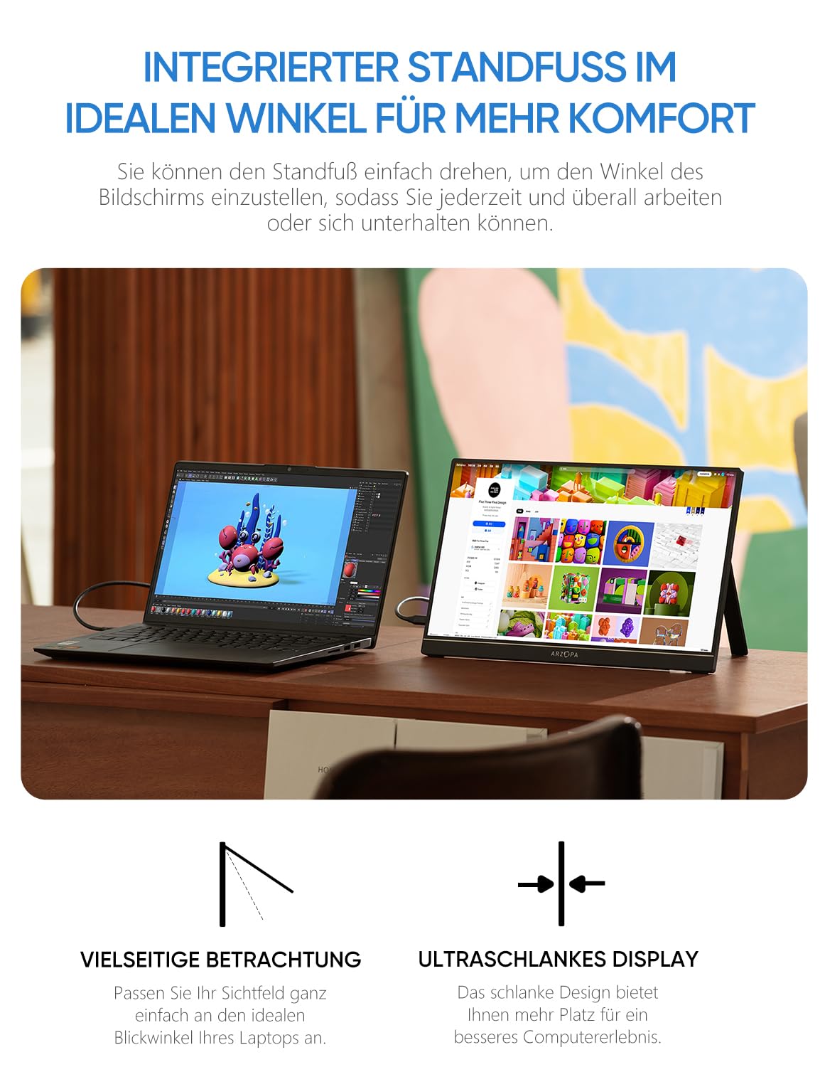 ARZOPA Portable Monitor, 15.6" 1920×1080 FHD IPS Second Screen for Laptop with Stand, Ultra-Thin Dual Monitor for Laptop/PC/Mac/PS3/4/5/Xbox - USB C & HDMI Connection - A1