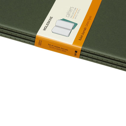 Moleskine - Cahier Journal - Set of 3 notebooks with lined pages - Cardboard cover with visible cotton stitching - Myrtle color - Very large format 19 x 25 cm - 120 pages.