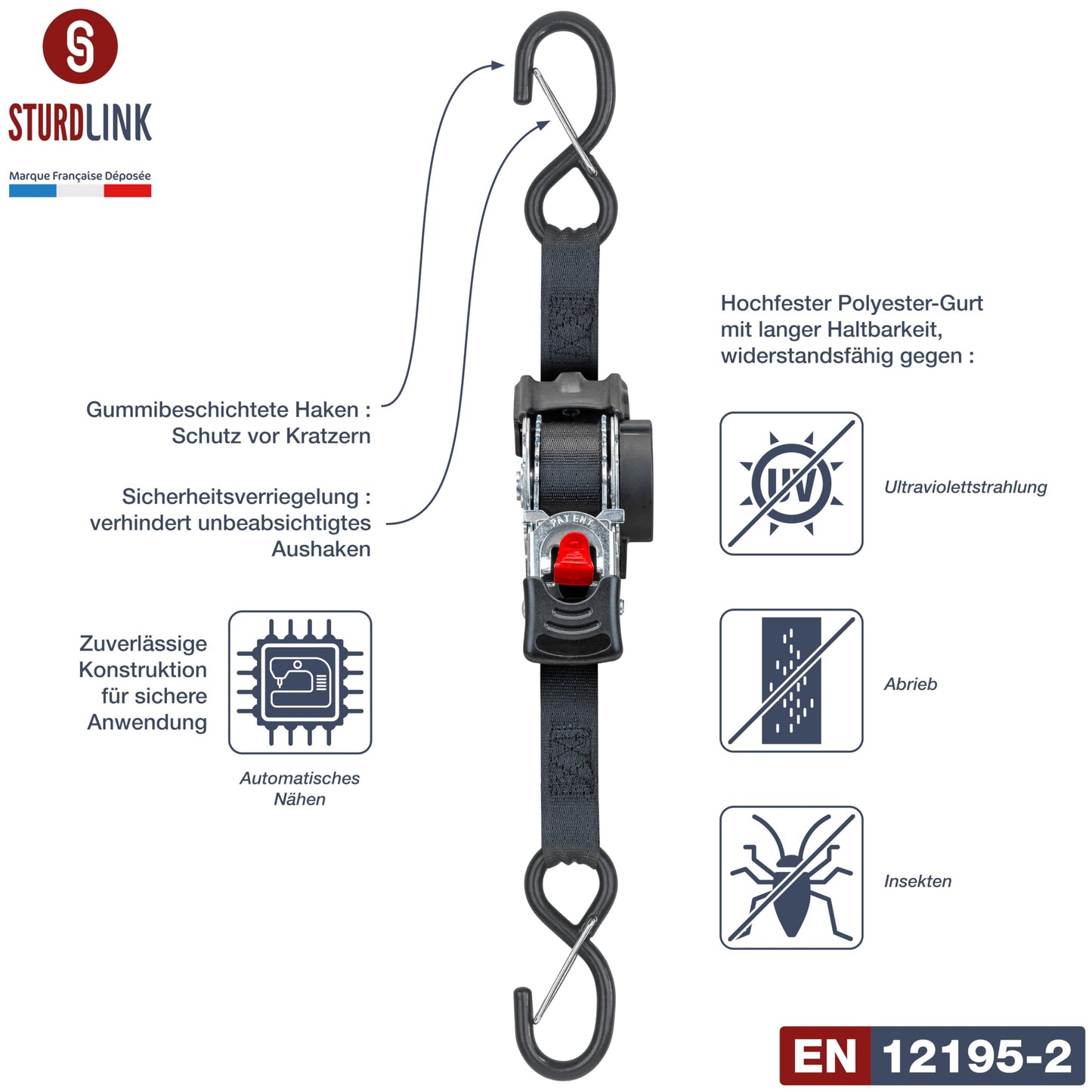 Automatic ratchet strap 3m 25mm with S hook 300kg/600kg | Set of 4 self-retracting ratchet straps | Automatic strap winder | Tie-down strap for car trailers, quads, motorcycles.