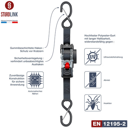 Automatic ratchet strap 3m 25mm with S hook 300kg/600kg | Set of 4 self-retracting ratchet straps | Automatic strap winder | Tie-down strap for car trailers, quads, motorcycles.