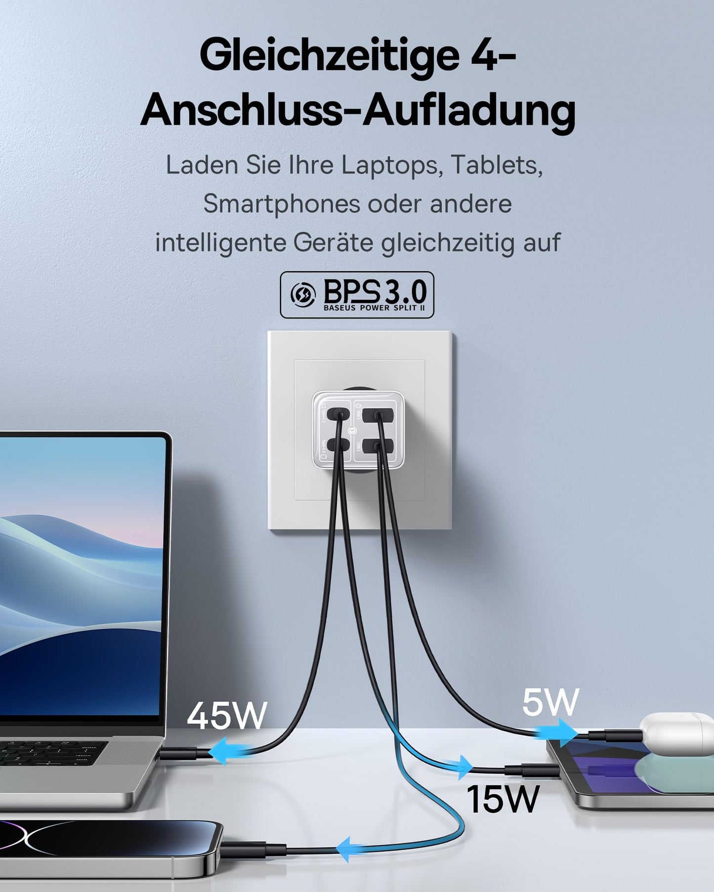 Baseus USB C charger, 65W GaN 6 USB C wall charger fast charger for MacBook Pro, iPad Pro, Steam Deck, Dell XPS 13, iPhone/Galaxy, Pixel, tablets, white