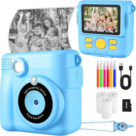 Kids Camera Toy, 2.4 inch Screen DIY Instant Camera for Kids, 1080P HD Video Digital Camera with 32GB SD Card & Printing Paper, Gift for Girls & Boys aged 3-14 (Blue)