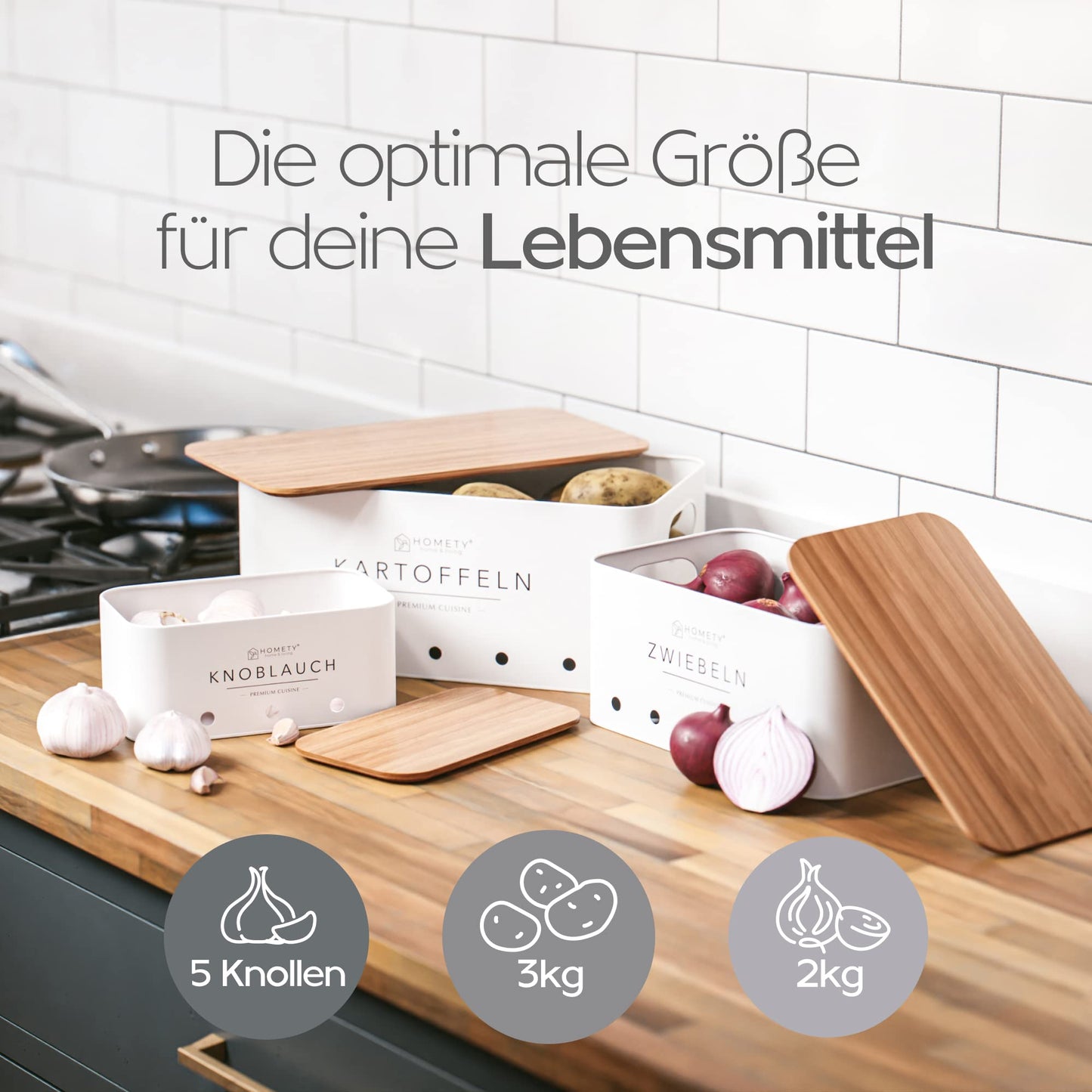 Homety Potato Storage Box [Set of 3] - Keeps Vegetables Fresh for Longer - Ideal way to store onions, potatoes, and garlic (White)