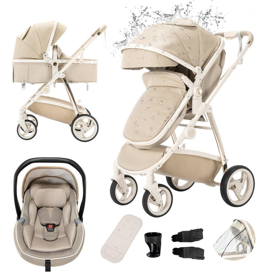 Gcarebb PU Leather 3 in 1 Stroller, Buggy with Car Baby Seat, One-click Foldable Portable Stroller Complete Set, Combo Stroller with Aluminum Frame for Newborns 0-4 Years