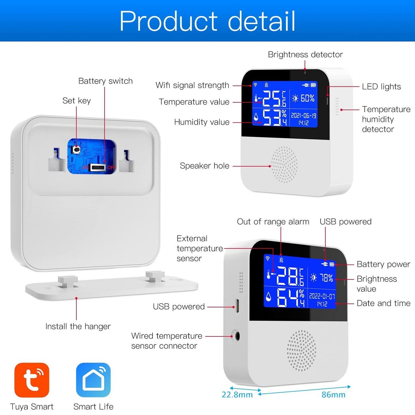 WiFi temperature sensor with waterproof external probe, Tuya smart temperature humidity monitor with backlight LCD display, buzzer alarm & app notification alert. Remote monitor for incubator and wine cellar.