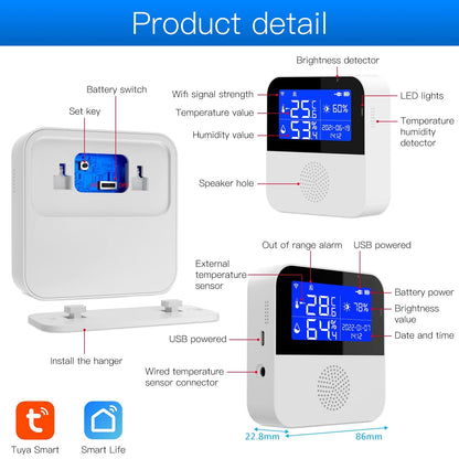 WiFi temperature sensor with waterproof external probe, Tuya smart temperature humidity monitor with backlight LCD display, buzzer alarm & app notification alert. Remote monitor for incubator and wine cellar.