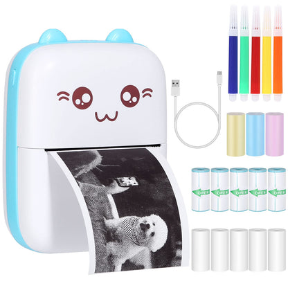Mini printer pocket printer thermal photo printer image photo labels memo receipt paper printer photo printer with 15 rolls of printer paper compatible with Android, iOS system for journal, travel