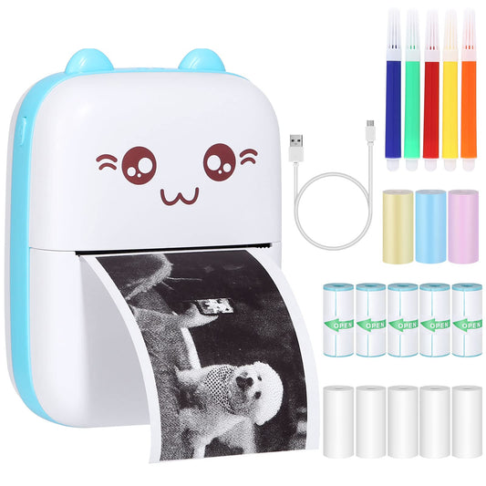 Mini printer pocket printer thermal photo printer image photo labels memo receipt paper printer photo printer with 15 rolls of printer paper compatible with Android, iOS system for journal, travel