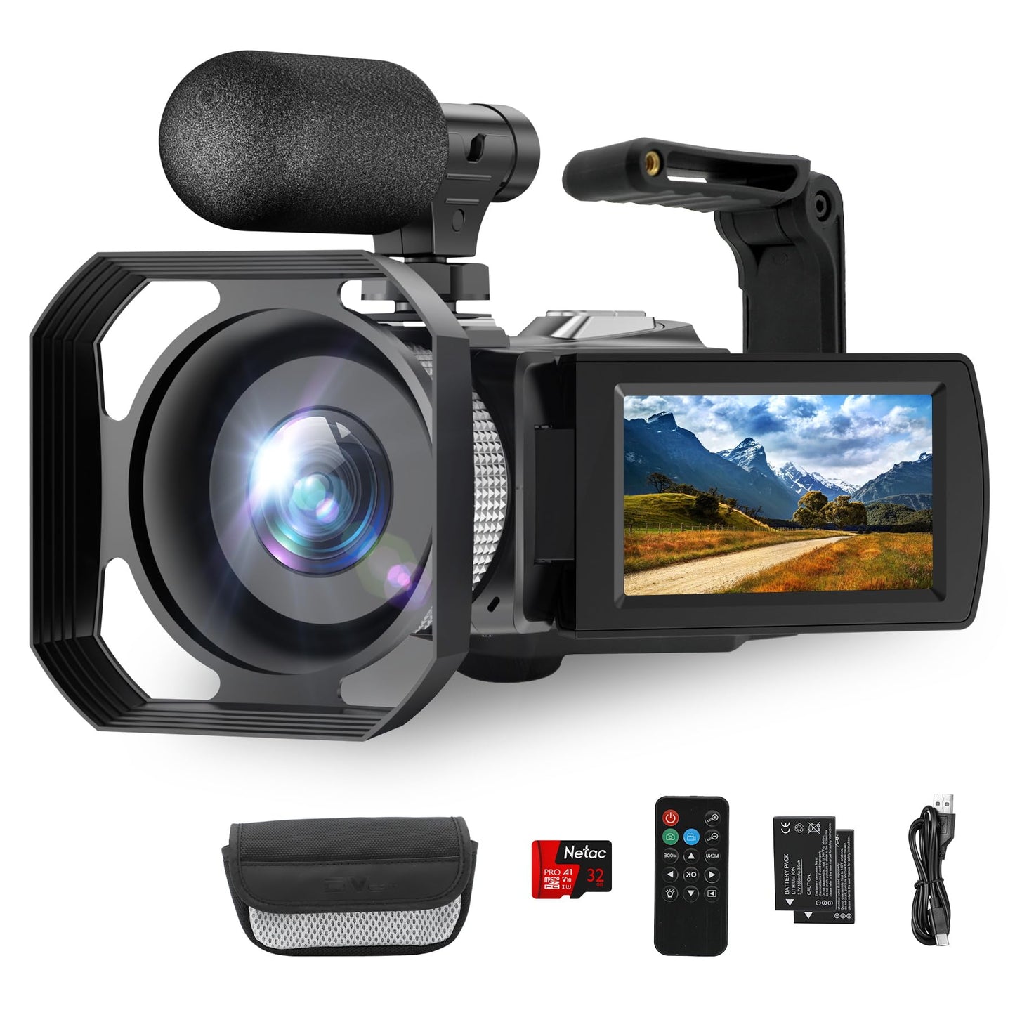 Hojocojo 4K Camcorder 48MP 60FPS, 18X Digital Zoom Webcam Video Camera Vlogging Camera for YouTube with Hand Stabilizer, Lens Hood, Remote Control, 2 Batteries, 32GB SD Card