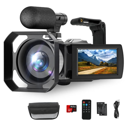 Hojocojo 4K Camcorder 48MP 60FPS, 18X Digital Zoom Webcam Video Camera Vlogging Camera for YouTube with Hand Stabilizer, Lens Hood, Remote Control, 2 Batteries, 32GB SD Card