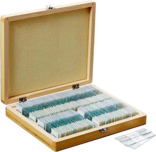 AmScope PS100A Prepared Slide Set for Biological Science Basic Education, 100 slides, Set A, including wooden case.