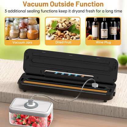 Housiwill Vacuum Sealer, 5-in-1 vacuum sealer with built-in cutter, food sealing machine for dry/moist food preservation mode, comes with 15 vacuum bags and 1 hose.