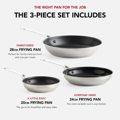 KitchenAid Stainless Steel 20cm, 24cm & 28cm Fry Pan Set, PFAS-Free Healthy Ceramic Nonstick Coating, Induction, Oven and Dishwasher Safe, Silver