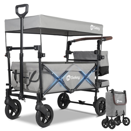 Sekey Folding Wagon with Canopy 2 Kids 220 lbs, Foldable Handcart with Push Handle, Stroller Shockproof PU Wheels with Brakes 110L, SS5050, Gray