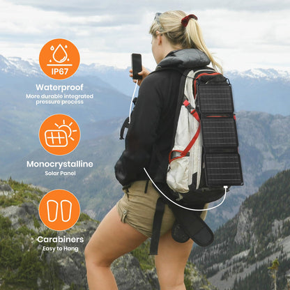 FlexSolar 15W portable solar panel charger (5.5V/2.9A max), waterproof, foldable, IP67, with USB port, compatible with iPhone Xs/X/8/7, iPad, camping, backpacking