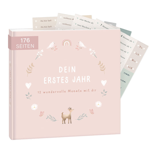mintkind® Baby Album "My First Year" Flower + Sticker Set | Baby Photo Album for Personalization | Baby Gift for Girl and Boy | Baby Book for Memories | Baby Journal from 0 Months