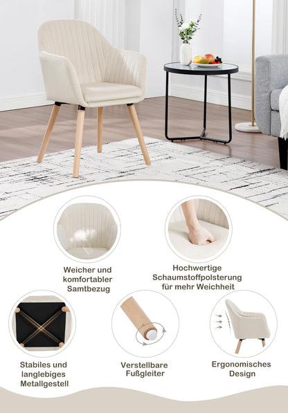 WOLTU dining chairs set of 4 kitchen chair living room chair upholstered chair design chair with armrest velvet solid wood cream white BH95cm-4