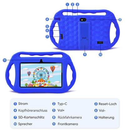 Veidoo Children's Tablet 7 Inch Android 32GB, WiFi, GMS, Dual Camera, Parental Control, Learning Educational Toddler Tablet with Silicone Case (Blue)