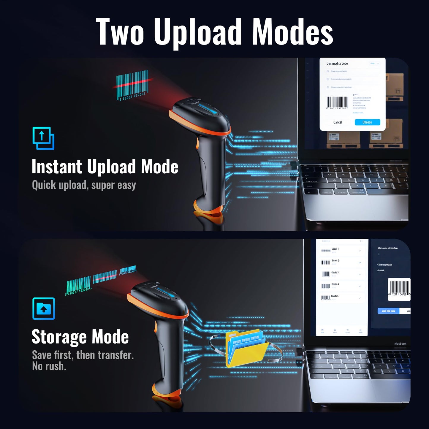 Tera Wireless Handheld Barcode Scanner 1D Laser with Wireless and USB Wired connections, Battery Level Indicator, Large 2000mAh Battery and Ergonomic Design, Patent No.: EU008489413, Upgrade Model 5100, Orange