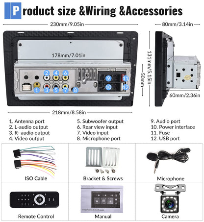 1 Din car stereo with Apple Carplay Android Auto Bluetooth hands-free system 9-inch touchscreen car stereo with Mirror Link Bluetooth FM radio USB/AUX/TF/EQ steering wheel control + rearview camera microphone