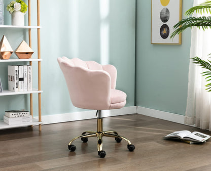 Wahson velvet swivel chair, height-adjustable, armless, with gold base, desk chair for bedroom/vanity, light pink, velvet.