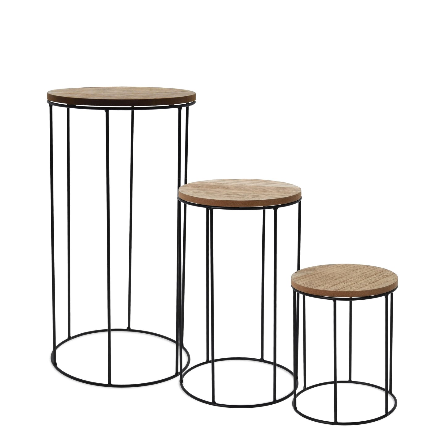 Wooden flower stool round 3-piece set - Ø 16/18 / 21 cm - Plant stand with metal frame - Flower column plant stand decorative stand side table