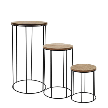 Wooden flower stool round 3-piece set - Ø 16/18 / 21 cm - Plant stand with metal frame - Flower column plant stand decorative stand side table