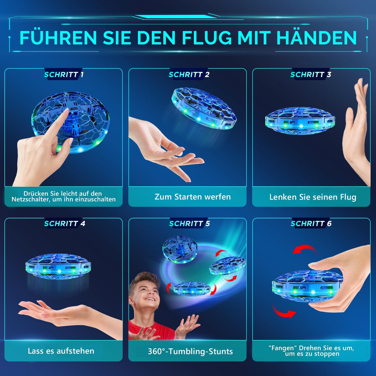 Small Mini UFO Drone Flying Ball, Flying Toy Hand-Controlled 360° Rotating Hover Flying Ball with LED Light, Indoor Outdoor Gifts for Kids Boys Girls 6 7 8 9 10+ Years, Blue