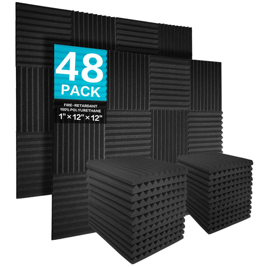 JBER 48 pieces Acoustic Foam Acoustic Panels, 2.5 x 30.5 x 30.5 cm Sound Absorber Acoustic Foam Soundproofing for Recording Studio, Black