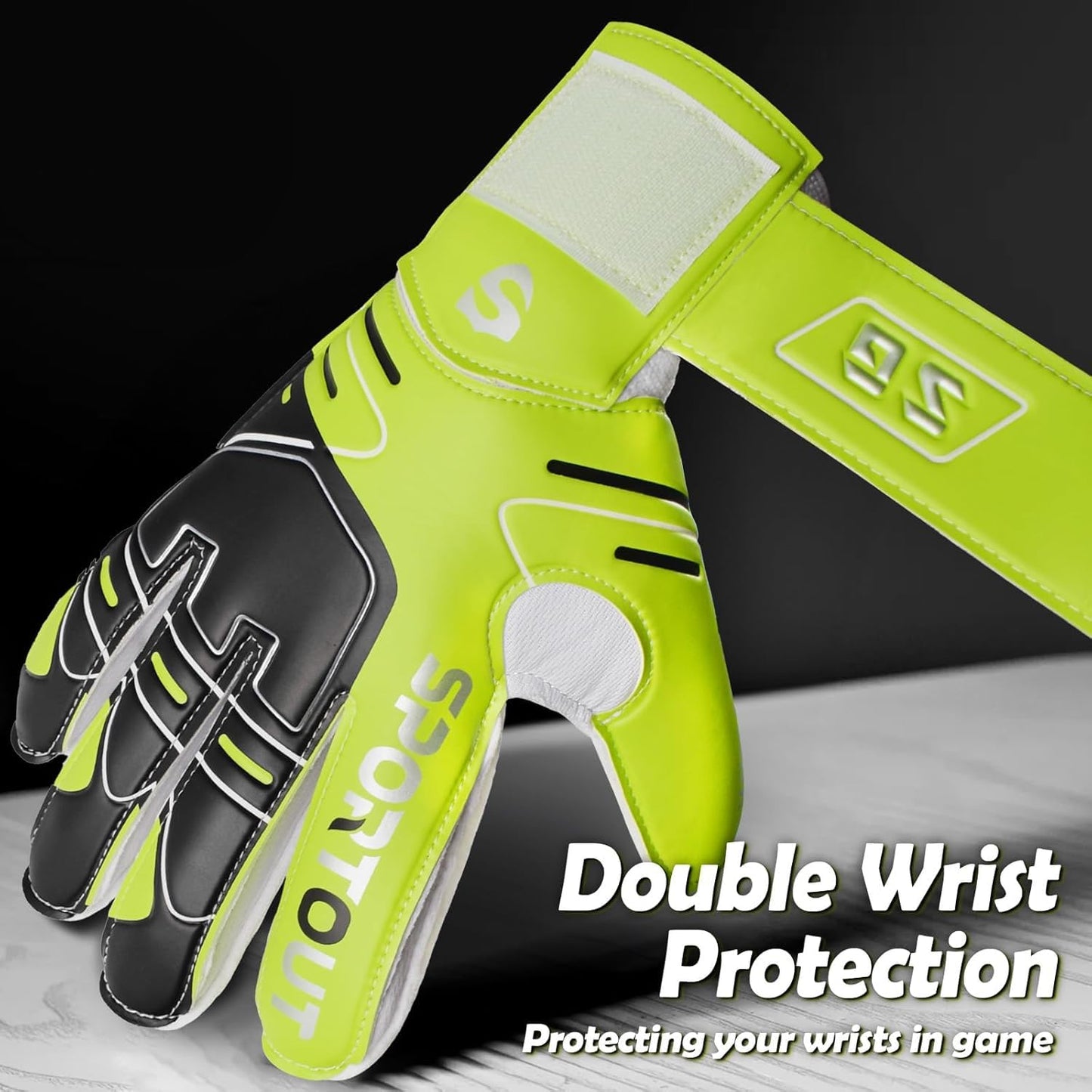Sportout goalkeeper gloves, soccer gloves with finger save, goalkeeper gloves for kids, men with non-slip 4mm latex, goalkeeper gloves for kids, adults, and teens (Green, 7)
