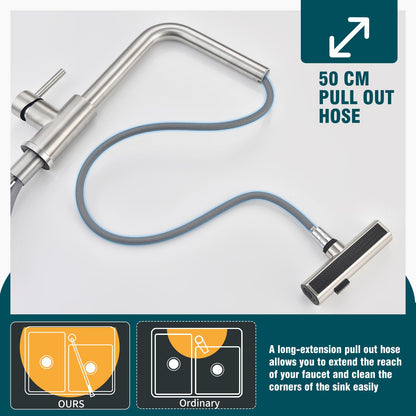 HOMELODY kitchen faucet, pull-out kitchen faucet with 3 spray modes, sink faucet with sprayer, kitchen faucet 360° rotatable, stainless steel brushed kitchen mixer.