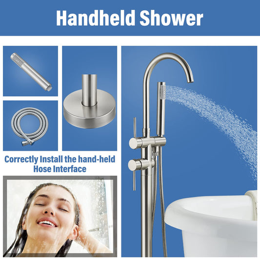 Rozin Freestanding Bathtub Faucet Brushed Nickel Brass Two Handles 360° Rotatable Spout with Hand Shower 150cm Hose Bathroom Tub Faucets
