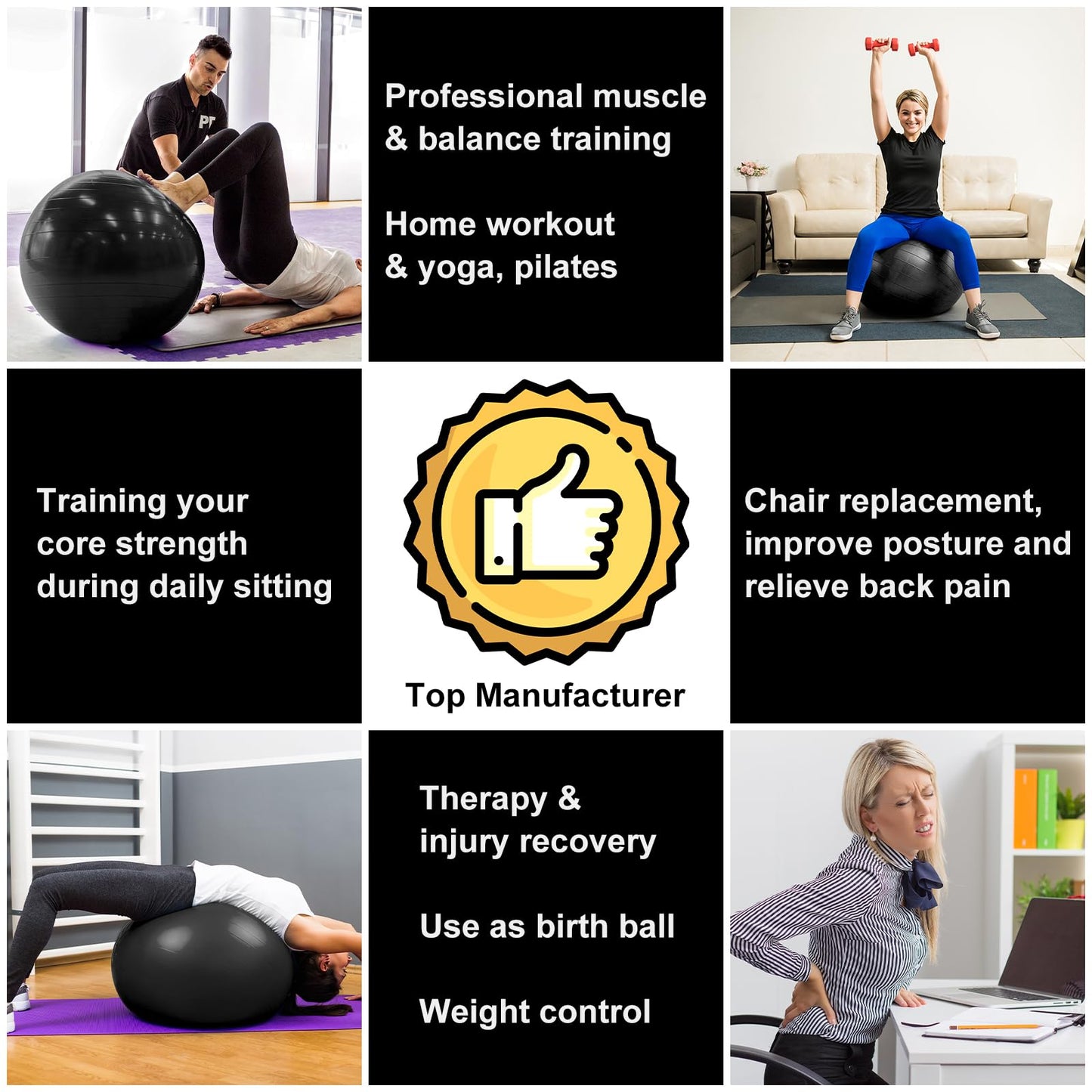 Flintonic exercise ball, 65cm ultra thick anti-explosion yoga ball with inflatable foot pump, durable max capacity fitness ball for sports, fitness, yoga, pilates (black).