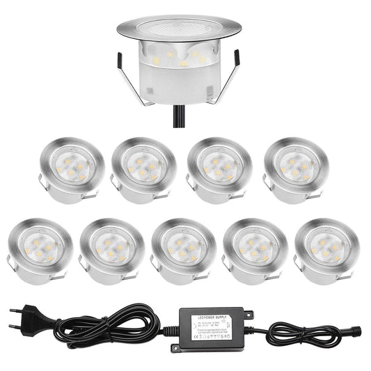 CHNXU Terrace Recessed Lights - 10-Piece Set Stair Step Lights Outdoor 1W Ø45mm Ground Lights IP67 Waterproof Warm White Exterior LED Recessed Light for Garden Pathway Kitchen Balcony Stairs Wood Deck.