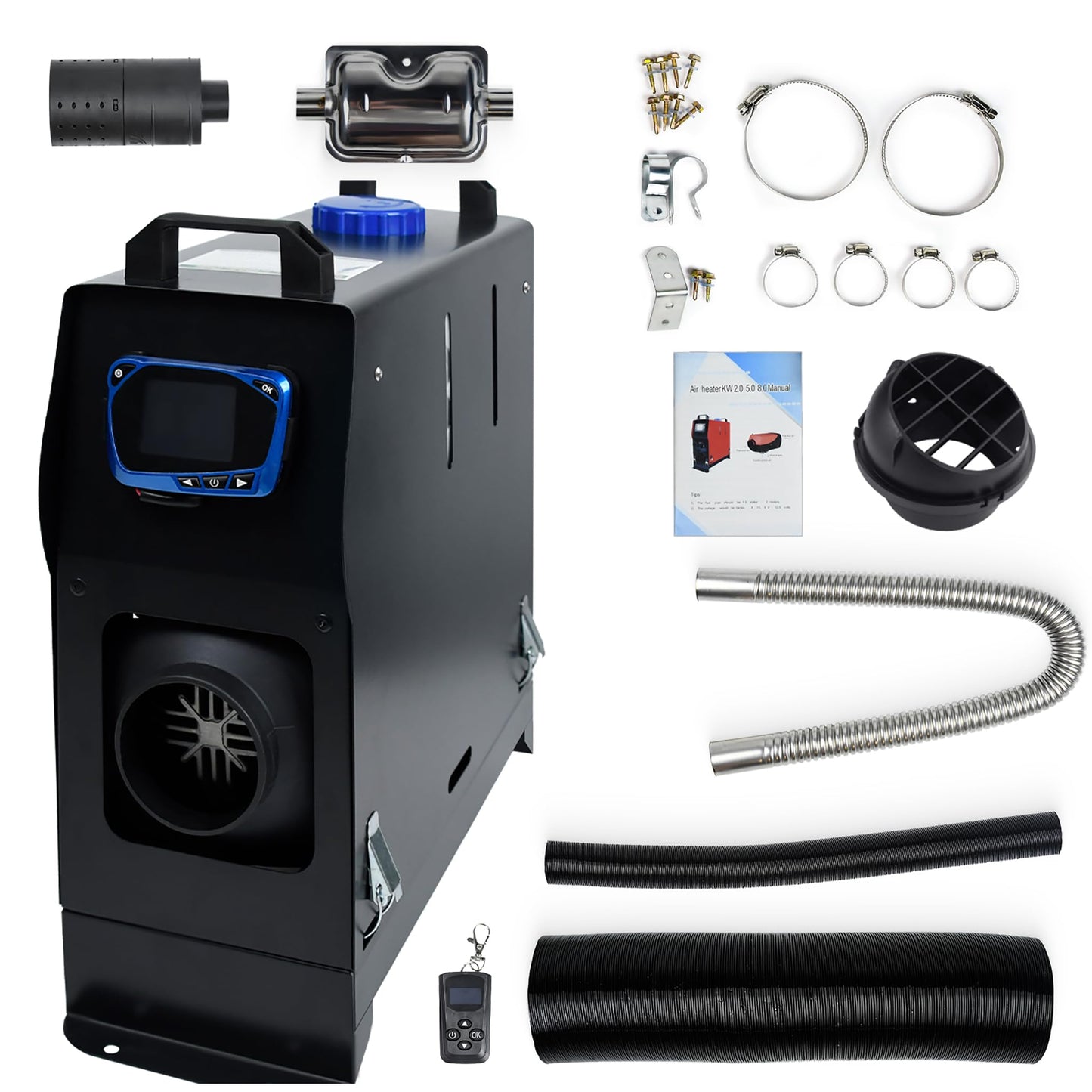 UISEBRT 8KW diesel air heater 12V, with muffler remote control LCD monitor for car RV boats trucks motorhomes buses, black- style A.