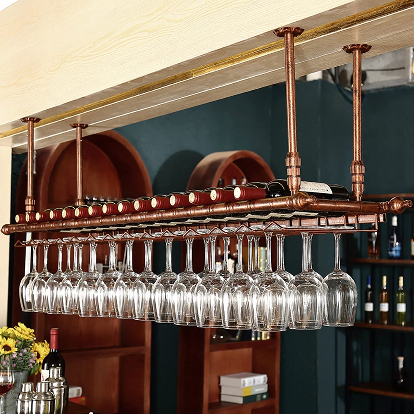 Ceiling wine rack, height and width adjustable hanging wine rack, inverted wine glass decoration shelf, free space on the desk, suitable for bar wine cellar kitchen (bronze, 120×30cm)