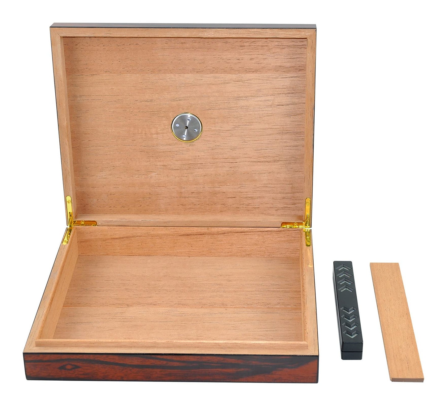 Eitida Cigar Humidor for 20 cigars, handcrafted with tempered glass and cedar wood. Includes humidifier, hygrometer, airtight seal, and glass lid. Perfect gift for men. Color: Makassar Brown.