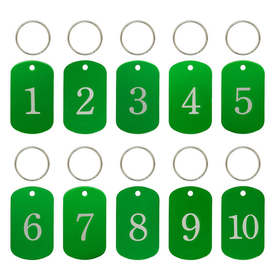 Aluminum tags with engraved numbers 1 to 50, keychains, identification tags with key rings, green