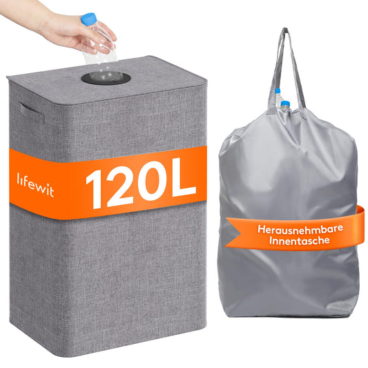 Lifewit 120L Bottle Collection Bin with Lid, Large Bottle Storage, Container for Empty Bottles & Glass Storage, Bottle Collector with Hole, Kitchen Pantry Bottle Bag, Light Grey
