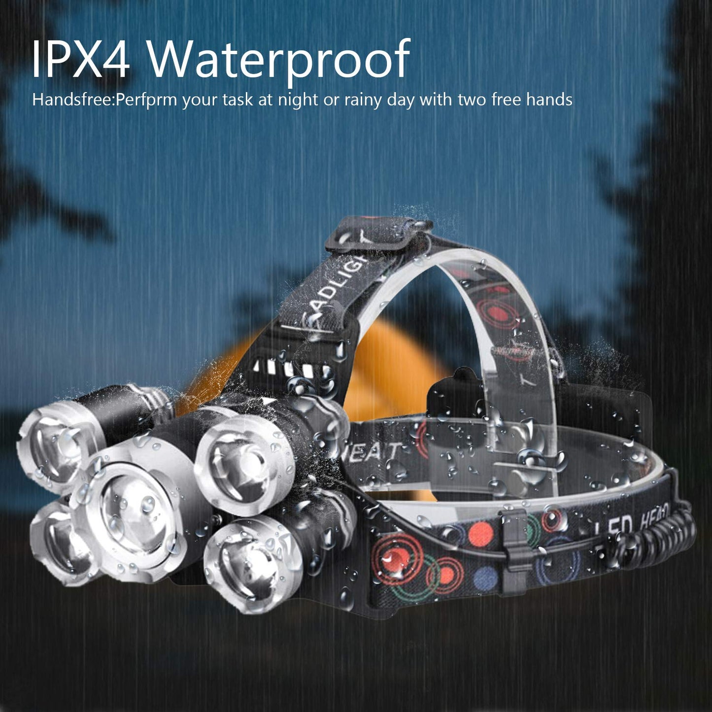 Lavcus LED Headlamp Super Bright, Headlight 12000 Lumens 5 LED 4 Modes incl. USB Cable with 18650 Battery, Ideal For Rescue Camping Fishing Climbing Hiking