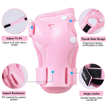 Soudittur Kids Knee Pads Inline Skates Protectors Set 3 IN 1 Children's Knee Elbow Wrist Guards Set for Inline Skates Roller Skates Skateboarding Scooter Riding (Pink, M)