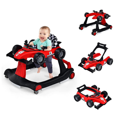 COSTWAY 4 in 1 baby walker, foldable with adjustable height & speed, car-shaped with music box, lights & wheels, baby walker for up to 6 months old babies, can support up to 12kg (Red)
