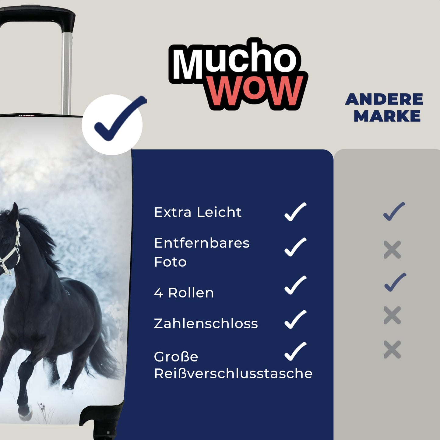 MuchoWow© suitcase carry-on trolley luggage with 4 wheels - horse - snow - forest - cabin size < 55x40x23 & 55x40x20 cm - photo case - cabin case - carry-on luggage